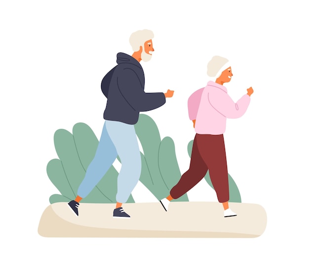 Happy elderly couple running at summer park vector flat illustration. Mature man and woman in sportswear having physical activity isolated on white. Jogger pair practicing outdoor sport together.