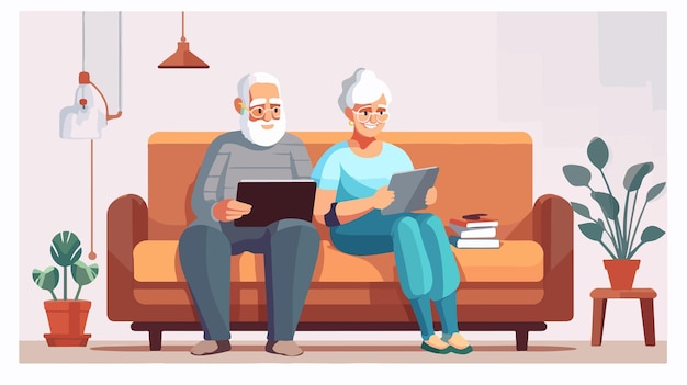 Happy Elderly Couple Using Computer Together on Sofa