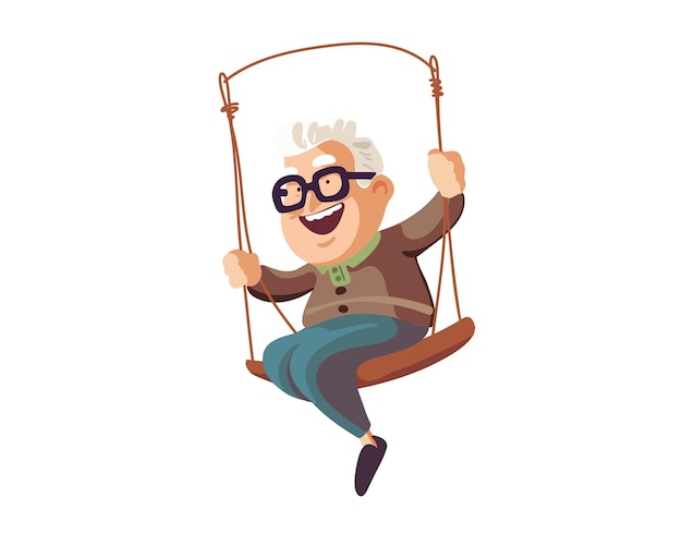 Happy elderly man ride on a swing Senior man living happy active lifestyle concept Pensioner