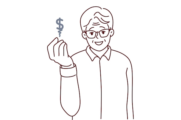 Happy elderly man show dollar sign