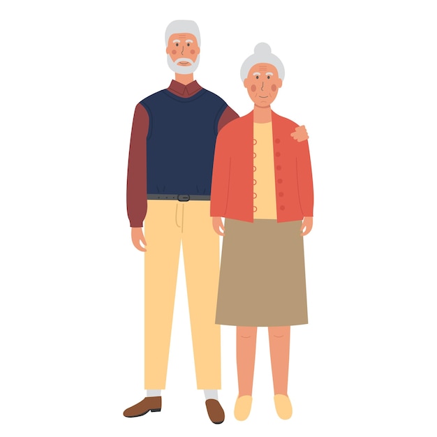 Happy elderly people Old age couple together Grandparents day Flat vector character illustration isolated on white background Vector illustration