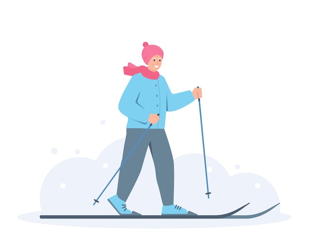 Happy elderly woman in warm clothes skiing in winter cold weather Crosscountry skiing woman