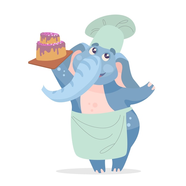 Happy elephant chef character with cake vector illustration