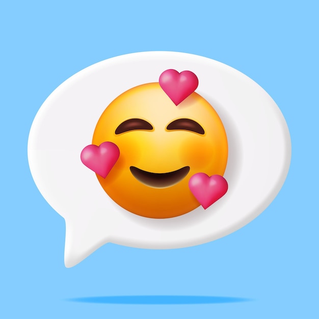 Happy Emoticon with Three Hearts in Speech Bubble