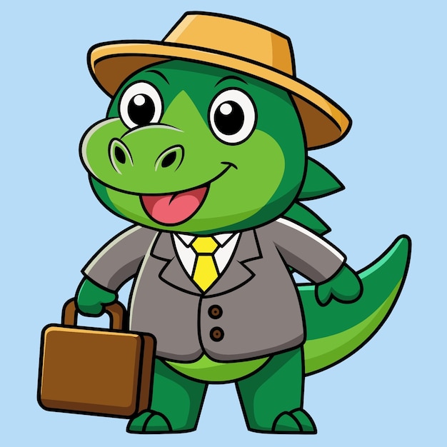 The happy employee of the crocodile is holding a suit bag and using the hat of illustration