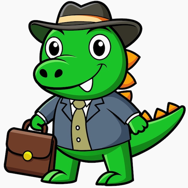 The happy employee of the crocodile is holding a suit bag and using the hat of illustration