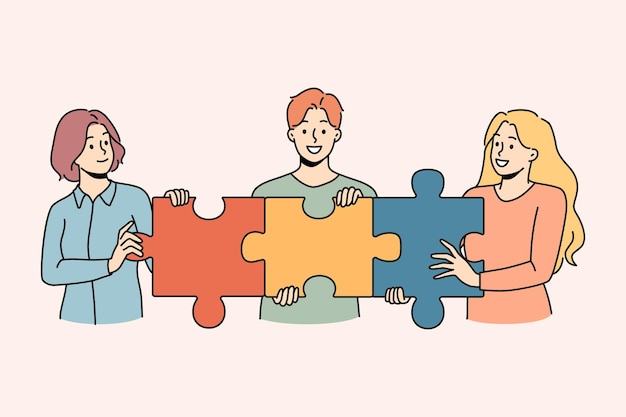 Happy employees connect jigsaw puzzles