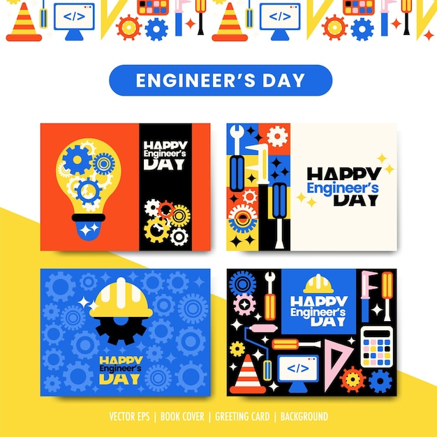 Happy engineer's day vector collection set with toolset, monitor, helmet, screwdriver greeting card