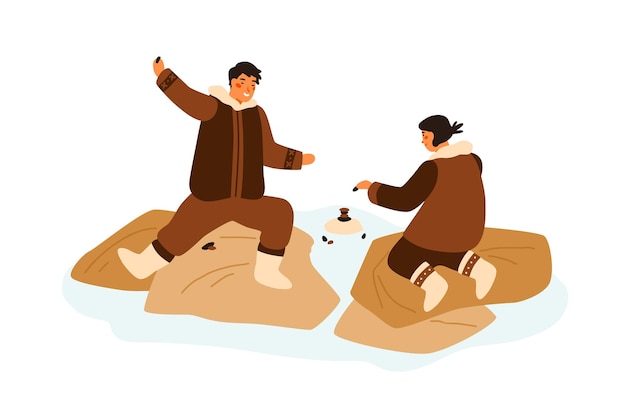 Happy eskimo teenagers playing game having fun together vector flat illustration. Boy and girl build tower use stones isolated. Cheerful people in traditional folk costumes spending time outdoor.