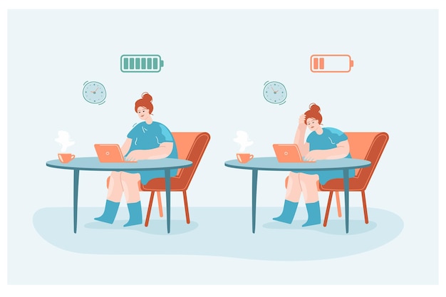 Happy and exhausted cartoon employee at table with laptop. Tired or burnout female office worker with drained battery at desk flat vector illustration. Mental health concept for banner, website design