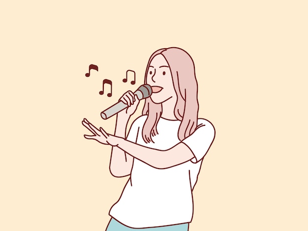 Happy exited stylish girl having fun sing a song to microphone simple korean style illustration