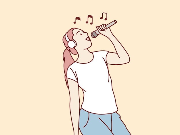 Happy exited stylish woman having fun sing a song to microphone and headphone simple korean style illustration