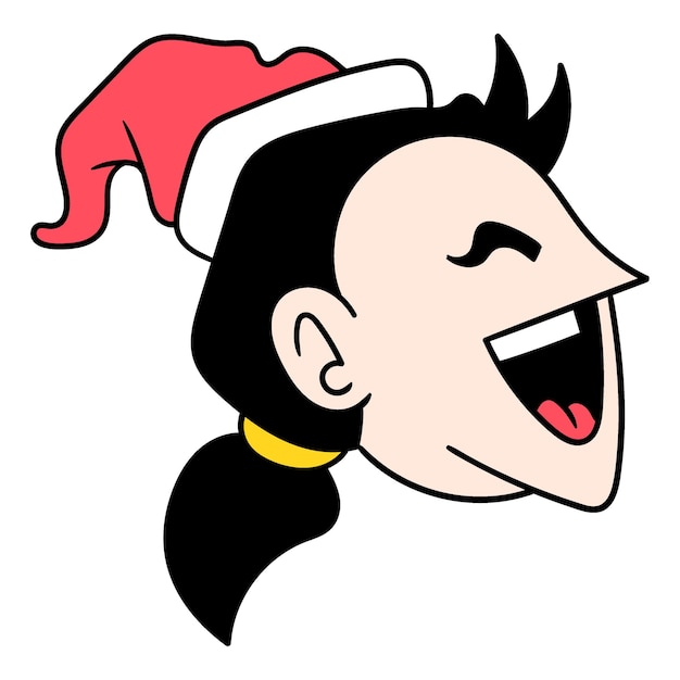 Happy faced boy head laughing celebrating christmas doodle icon drawing