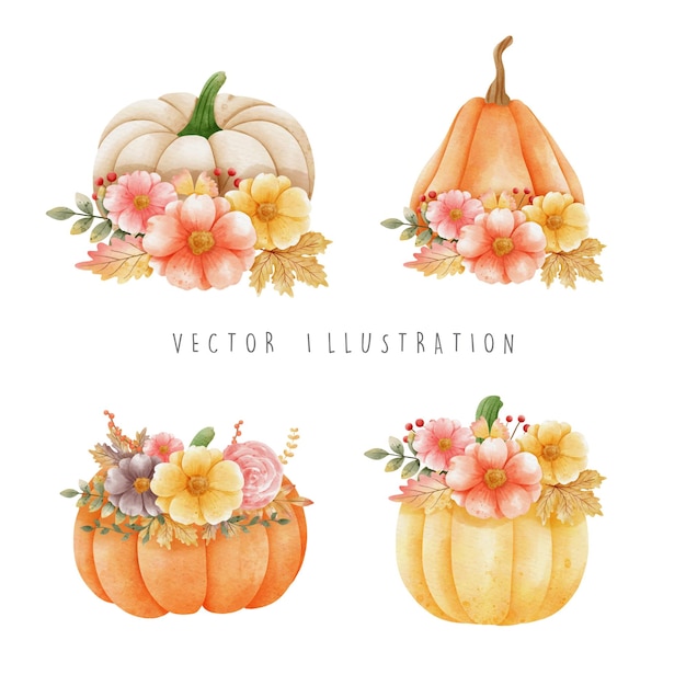 Happy fall with pumpkin and fall leaves and flowers vector illustration