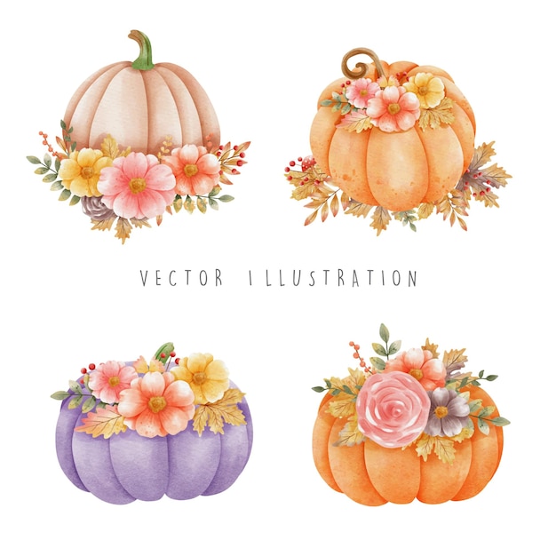 Happy fall with pumpkin and fall leaves and flowers vector illustration