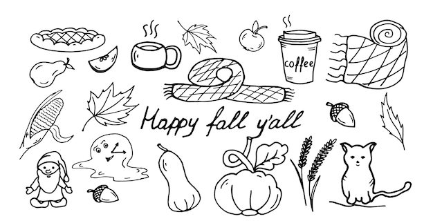 Happy fall yall set doodle vector image happy pumpkin spice seasone