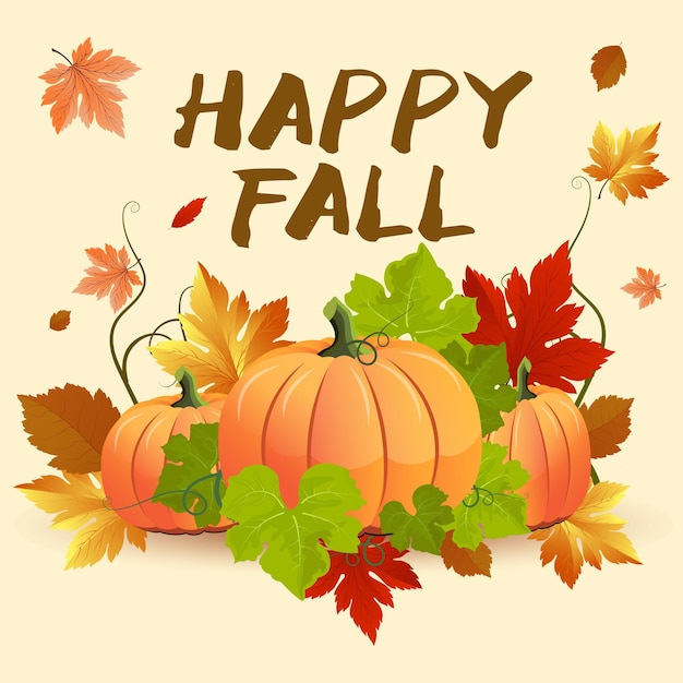 Happy fall yall vector with pumpkin, pumpkin vine, and falling autumn leaves