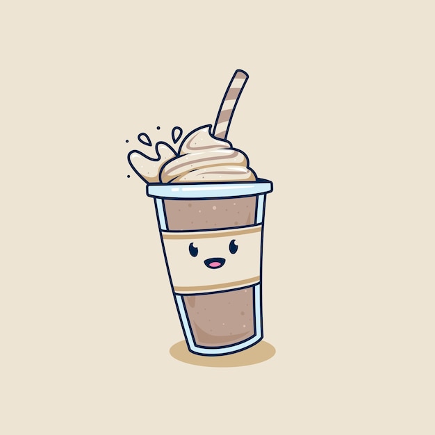 Happy falling chocolate milkshake in takeaway cup with whip cream topping illustration dropped with splash frappe coffee in plastic cup illustration mascot cartoon character