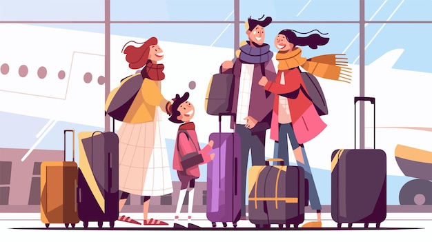 Vector happy family at airport travelling together smiling joyfully