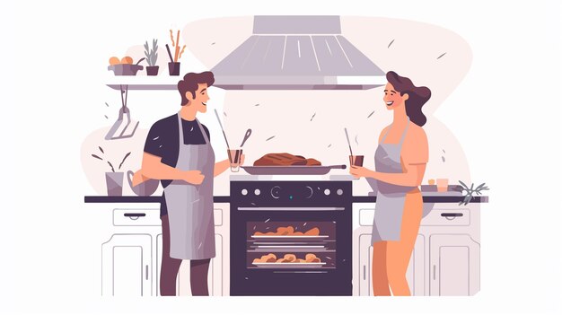 Vector happy family baking together in kitchen