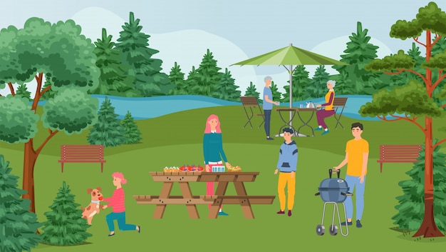 Happy family barbecue party, bbq and people on picnic with grilled food in nature illustration.