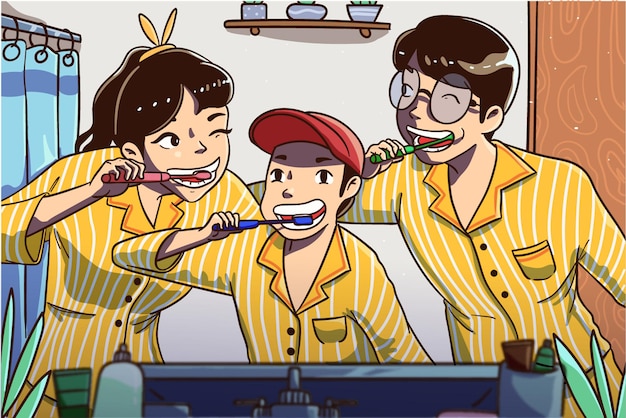 Happy Family Brush Tooth Together. Hand Drawn illustration