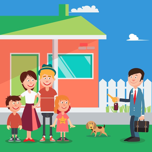 Happy Family Buying a New House. Real Estate Agent with Keys from House. Vector illustration