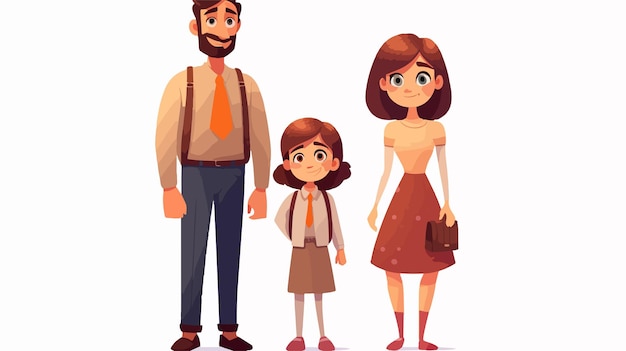 Happy Family Cartoon Characters Parents Couple with Daughter Smiling Together