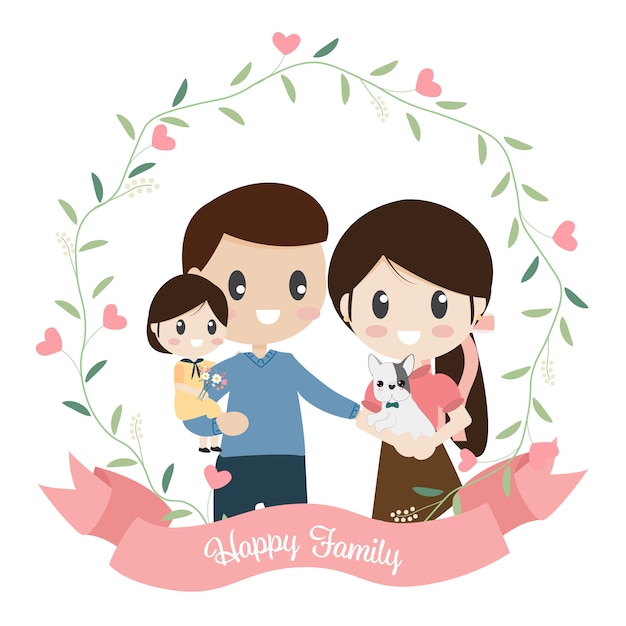 Happy family cartoon flat style in heart wreath