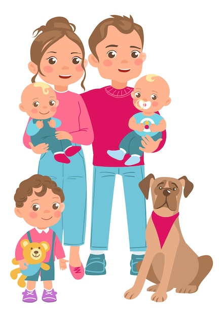 Happy family Cartoon smiling parents with children and pet dog Relatives group portrait posing Standing mother and father holding newborn babies Cute little boy Vector illustration