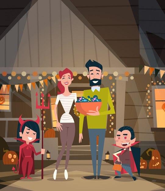 Vector happy family celebrate halloween parents and kids wear vampire costumes decoration horror party concept