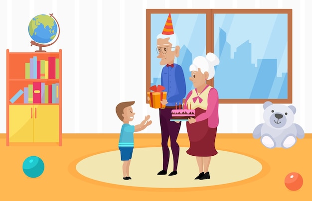 Happy family celebrate kids happy birthday grandmother grandfather holding cake gift