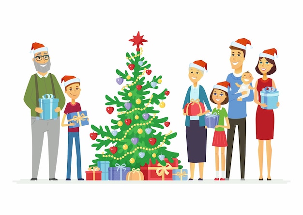 Happy family celebrates Christmas - cartoon people characters illustration on white background. Smiling mother and father with children and grandparents standing next to a decorated tree with presents