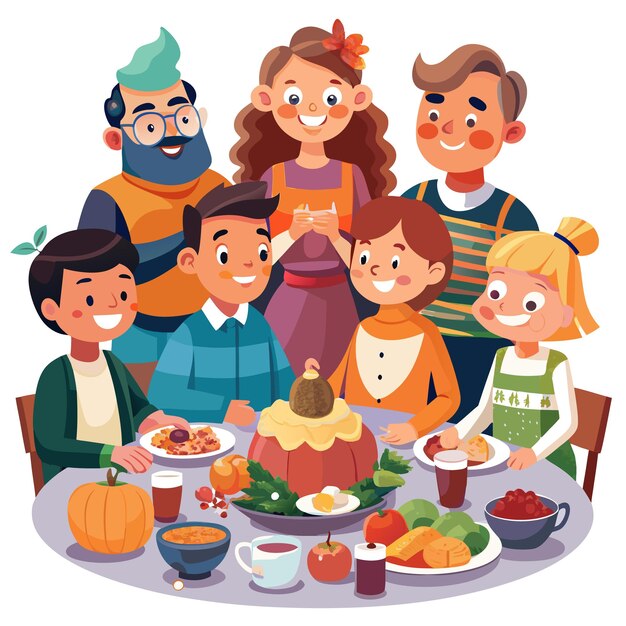 Vector happy family celebrates a thanksgiving day isolation during coronavirus