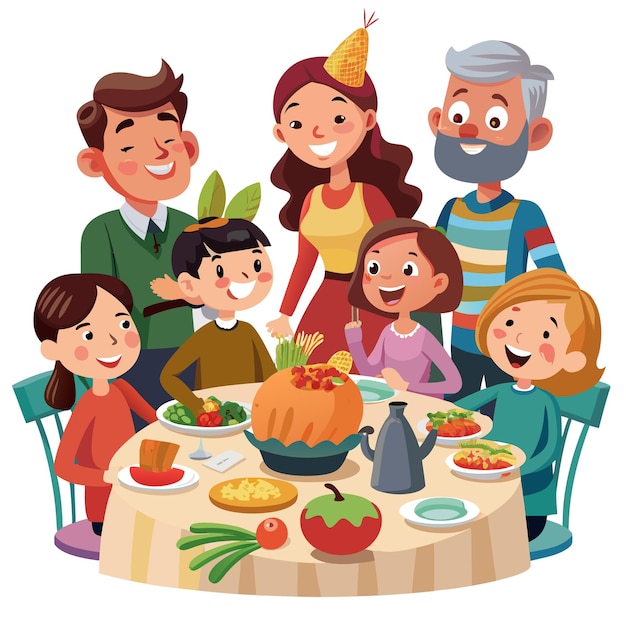 Vector happy family celebrates a thanksgiving day isolation during coronavirus