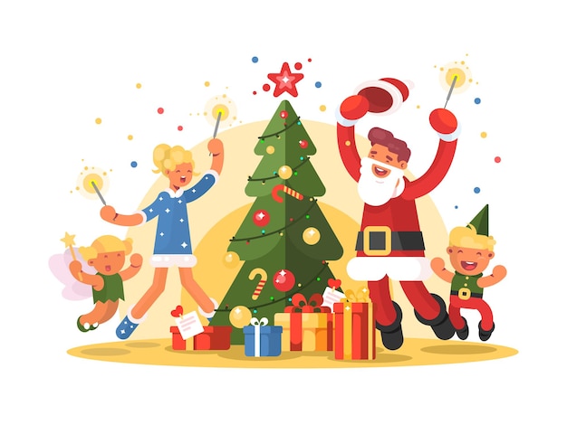 Happy family celebrating xmas. Fun around christmas tree. Vector illustration