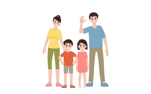 Happy family character vector design set. Father, mother, son and daughter together. Parents stand and smile happily with children.