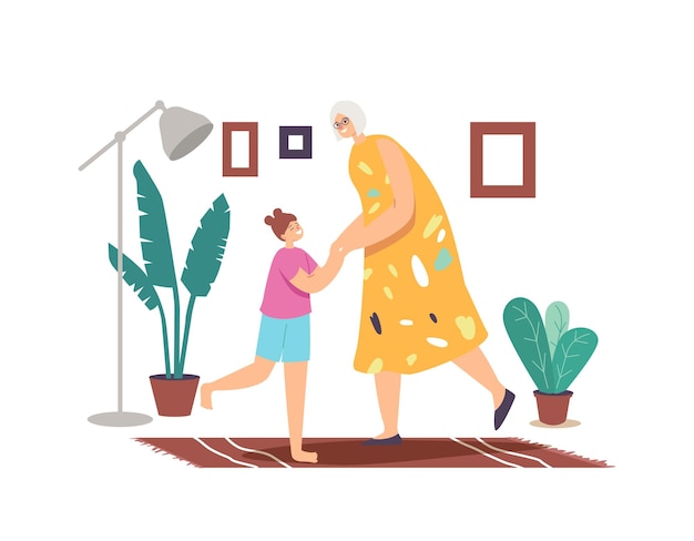 Vector happy family characters dance at home, weekend sparetime, leisure. little girl and granny rejoice together holding hands dancing move body at music rhythm. cartoon people vector illustration