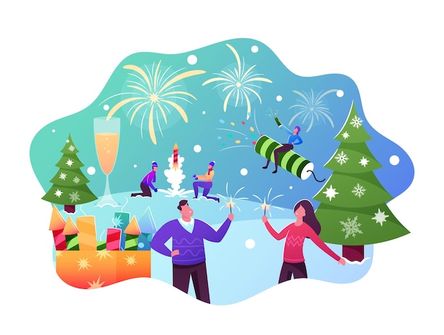 Happy Family Characters Enjoying Fireworks Outdoor for Christmas or New Year Holiday Celebration, Young Men Launch Petard, Girl with Male Friend Holding Sparklers. Cartoon People Vector Illustration