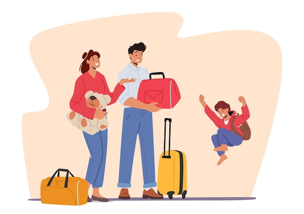 Happy Family Characters Father Mother and Child with Suitcases and Bags Going for Vacation or Prepare to Visit Grandparents Joyful Boy Jumping and Laughing Cartoon People Vector Illustration