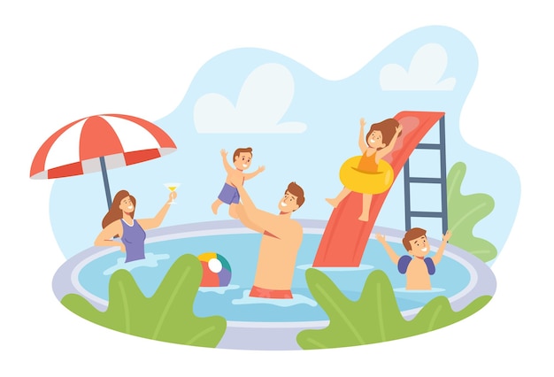 Vector happy family characters having rest in swimming pool. mother, father and children swim and enjoy recreation at hotel