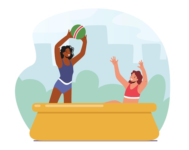 Happy Family Characters Mother and Daughter Playing Ball in Outdoor Swimming Pool. Summertime Water Games, Mom with Girl Activity, Fun on Summer Holidays, Vacation. Cartoon People Vector Illustration