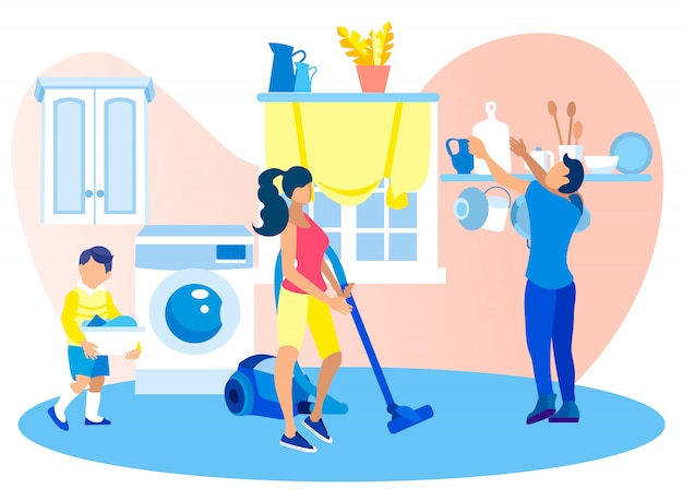 Happy Family Clean Home on Weekend Usually Routine