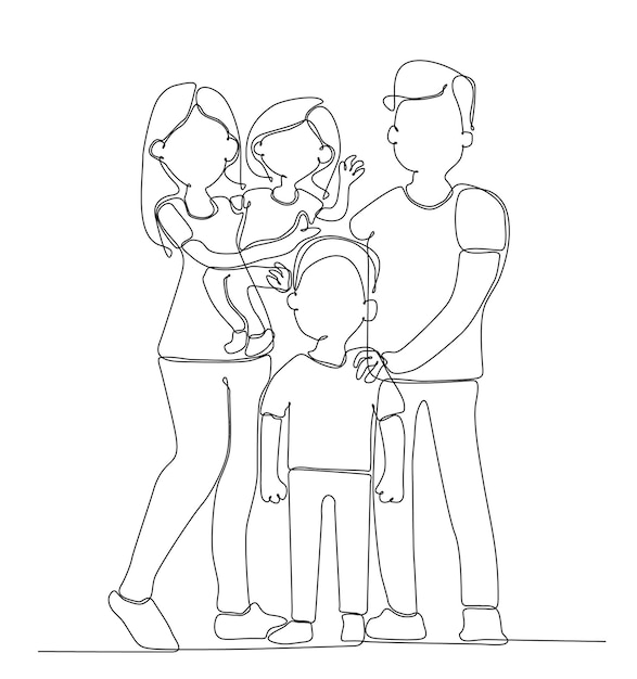 Happy family in continuous line art drawing style. Front view of parents with small child