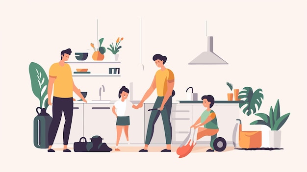 Vector happy family cooking and cleaning at home on weekend