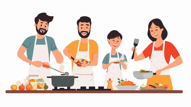 Vector happy family cooking dinner together flat vector illustration