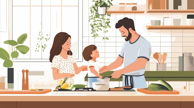 Happy Family Cooking Together in Colorful Kitchen Vector Illustration