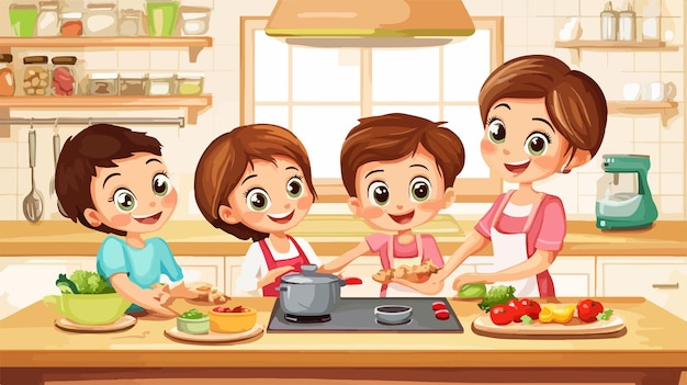 Happy Family Cooking Together in Colorful Kitchen Vector Illustration