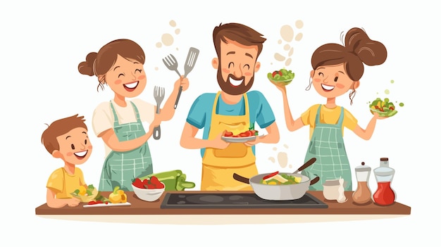 Vector happy family cooking together in flat vector style illustration