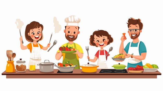 Vector happy family cooking together in flat vector style illustration